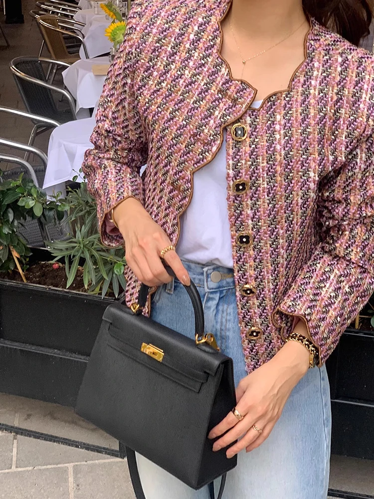 French Small Fragrant Style Rainbow Color Short Hooded Coat for Women Spring Korean Style Loose Tweed Tassel Jacket Women