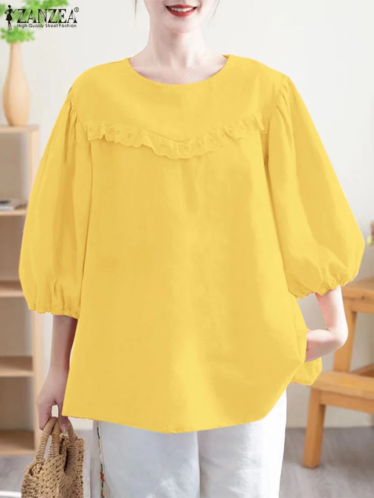 

ZANZEA O Neck Solid Color Blouses Casual Lace Trim Vintage 3/4 Lantern Sleeve Blusas Mujer Women's 2025 Summer Everyday Tops