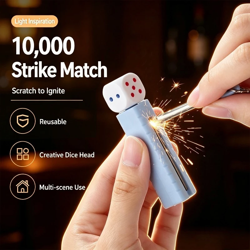 Novelty Cartoon Dice Permanent Match Keychain - Waterproof Friction Ignition, Wear-Resistant EDC Pendant for Outdoor(No gas)