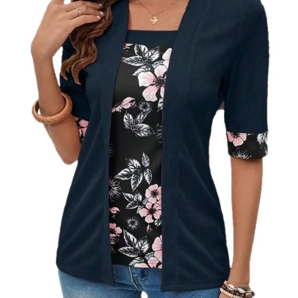

Spring Summer Vacation Two-Piece T-Shirt Set Contrasting Color Splicing Loose Short-Sleeved Top for Women