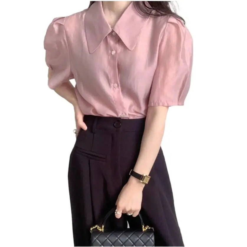 

Korean Fashion women's lantern sleeve lapel shirt,Elegant vintage Lightweight comfortable Lyocell blouse candy color silk tops