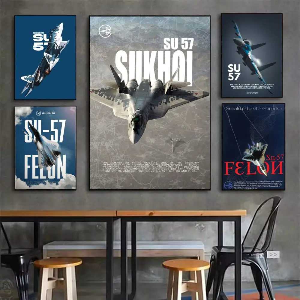 SU 57 Russian Fighter Aircraft Poster Home Living Bed Room Bar Hallway Sticky Wall Art Printing Waterproof Aesthetic Decor