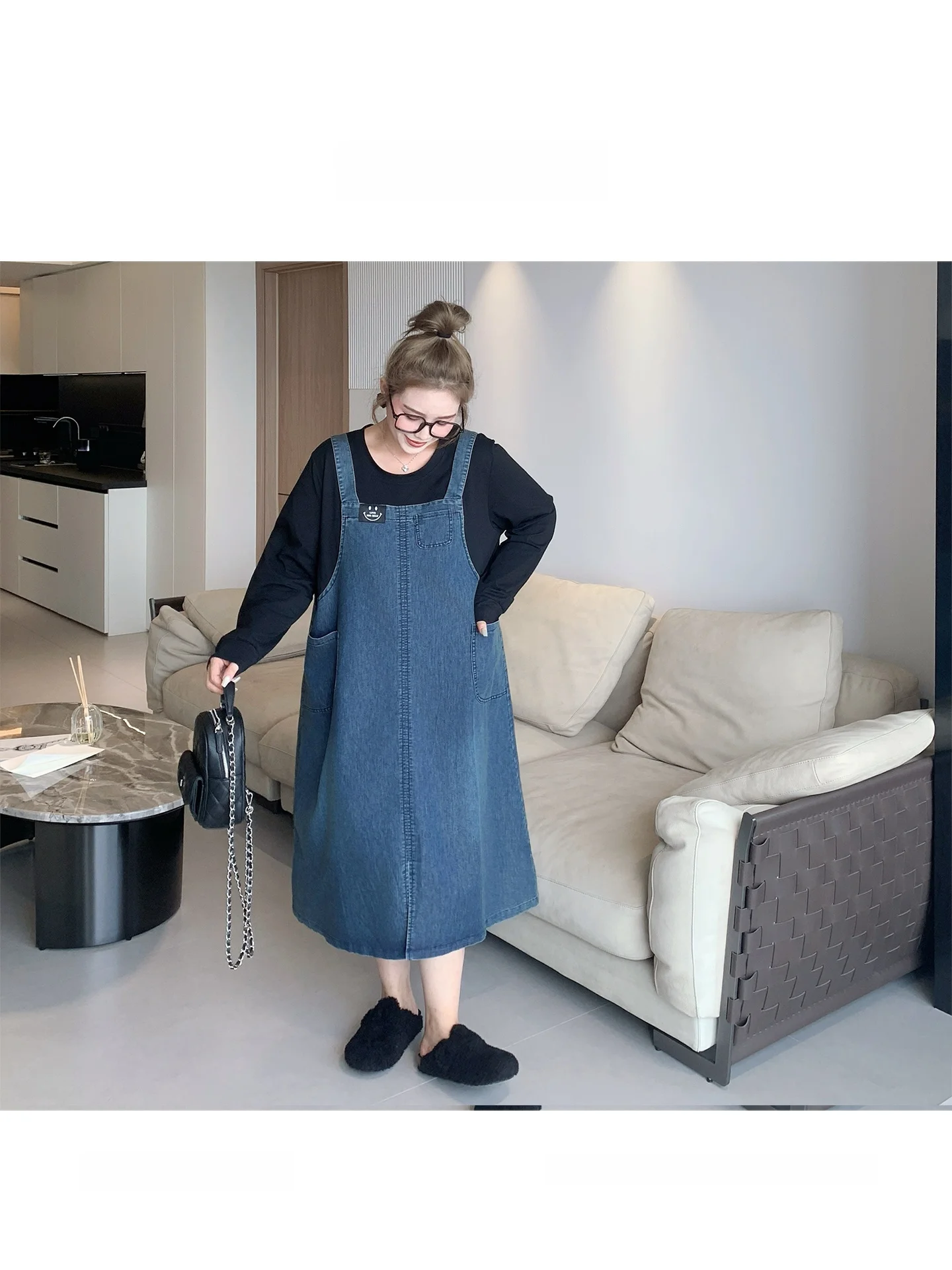 Slimming Effectiven Large Size Denim Patchwork Dr High Waist A-Line Long Sve Women's Autumn Casual Faion Dr