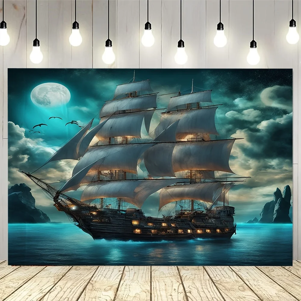 Moonlit Pirate Ship Tapestry Polyester Wall Hanging Nautical Decor Living Room home decor aesthetic