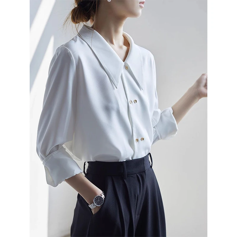 

Simplicity Office Lady White Satin Polo Collar Long Sleeve Chiffon Shirts Women Spring Summer Fashion All-match Temperament Tops