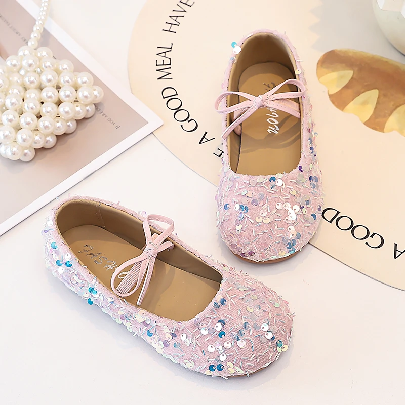 Little Girls Sparkly Sequins Ballet Flats 2026 New Autumn Toddler Strappy Leather Shoes Soft Sole Trendy Princess Party Wedding