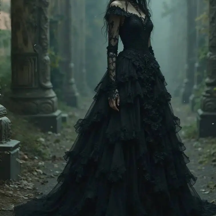 ゴシックブラックウェディングドレス長袖フリルティアーズAラインヴィンテージブライダルドレスヴァンパイアクラシックベスティドデノビアカスタマイズ