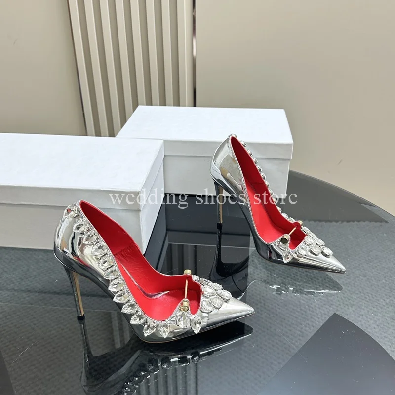 Rhinestone Heels Patent Leather Sexy Pointed Toe Shallow Mouth Black High Heels Luxury New Single Shoes Women Wedding Pumps