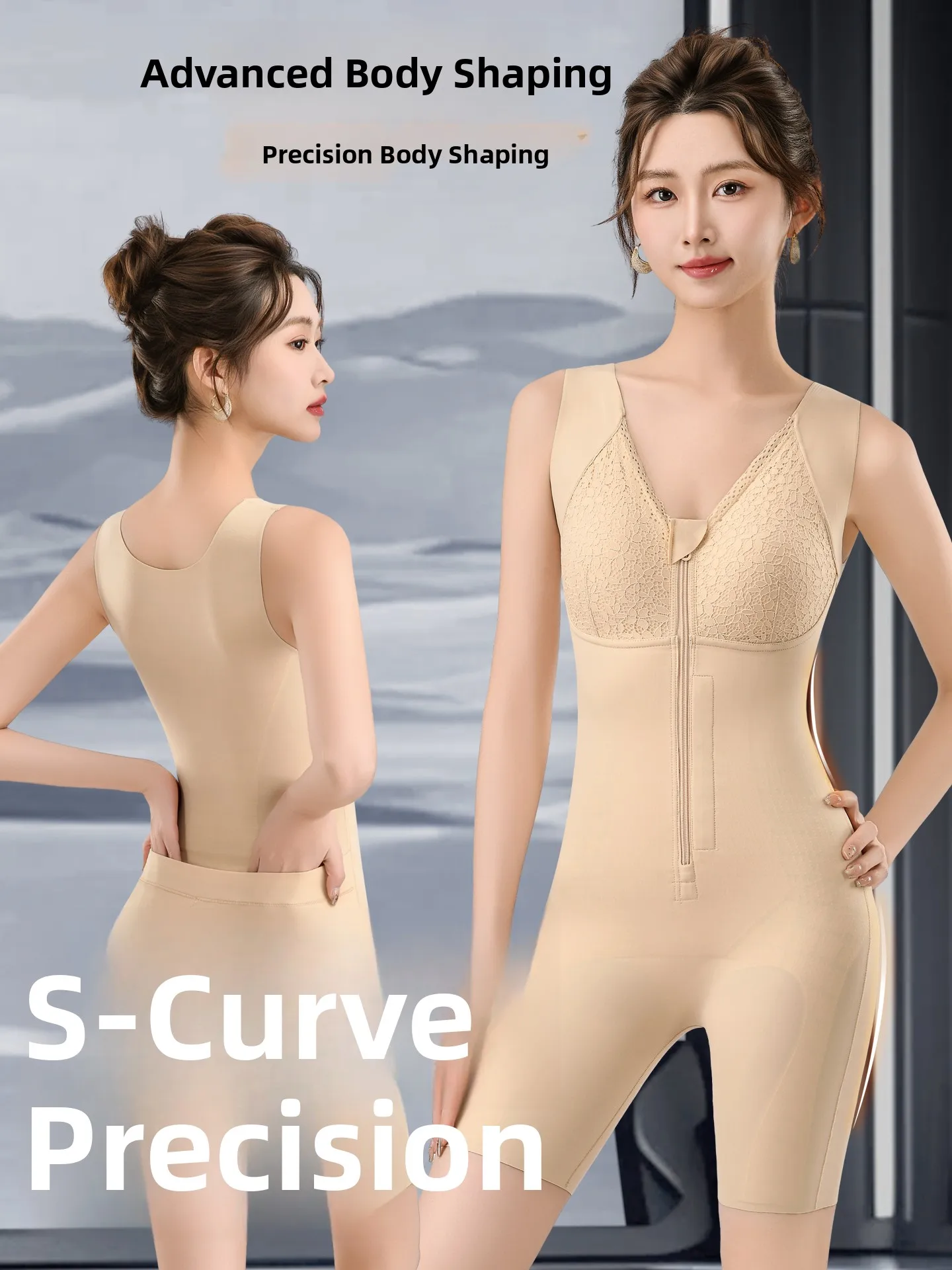 Postpartum Shapewear Bodysuit Strong Compression Zipper Design with Chest Pad Abdomen Slimming Three-quarter Sleeve V-neck