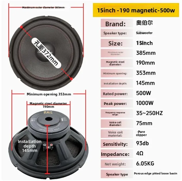 VYOPBC 15 inch Subwoofer 500W RMS Grote Schuimrand 190 Magneet Zware Basluidspreker voor Podium