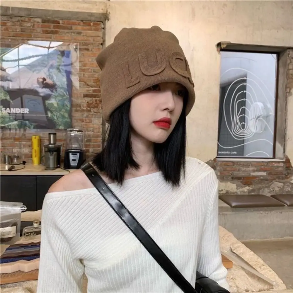 Polyester Fiber Women Beanie Hat Korean Japanese Style Soft Knit Fabric Slouchy Stack Cap Letter Embroidery Pull On Hat