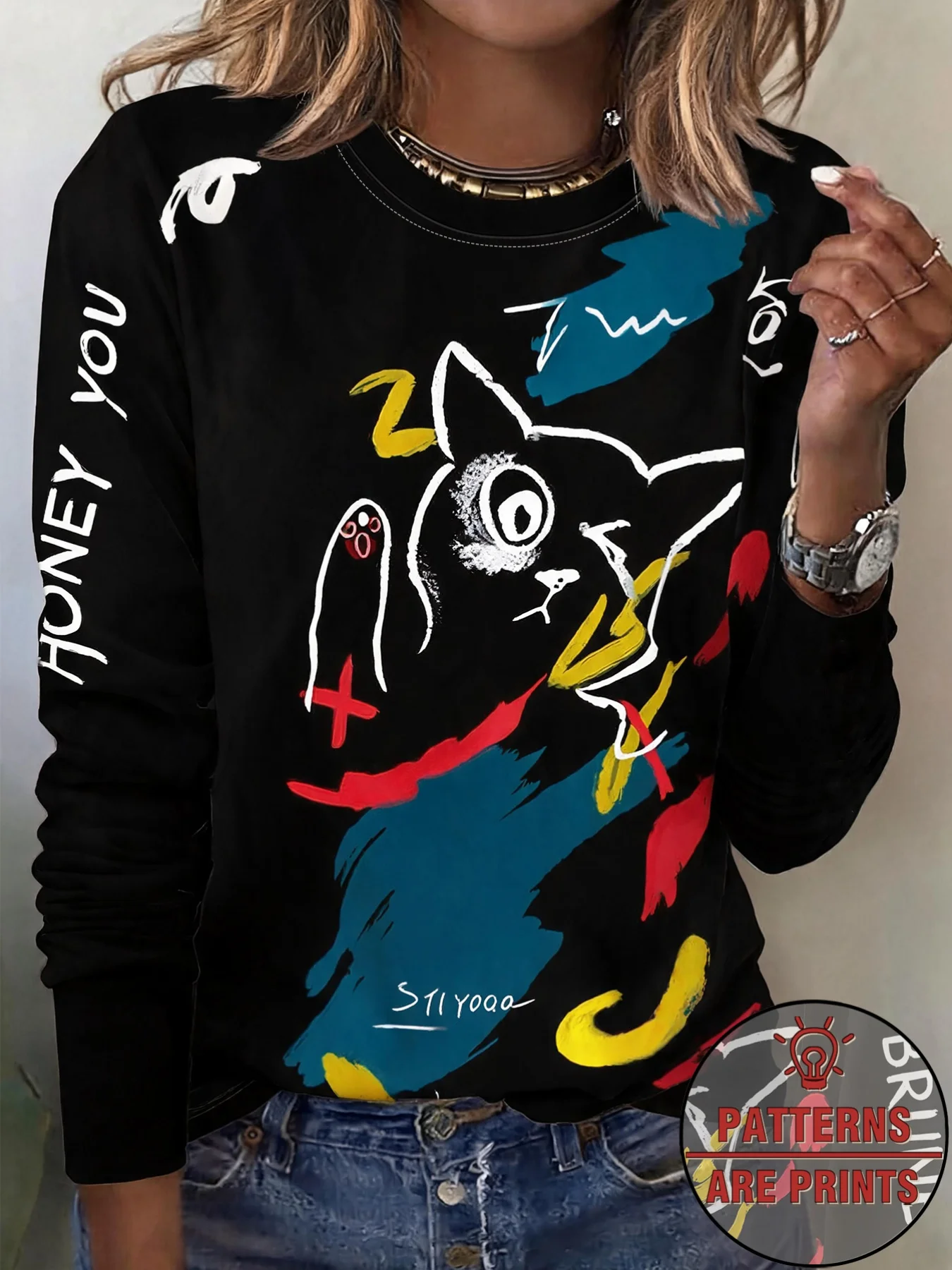 Women Long Sleeve Top Graffiti Cat Art Abstract Print Crew Neck Autumn Festival Gift Casual Daily Wear Women's Clothes