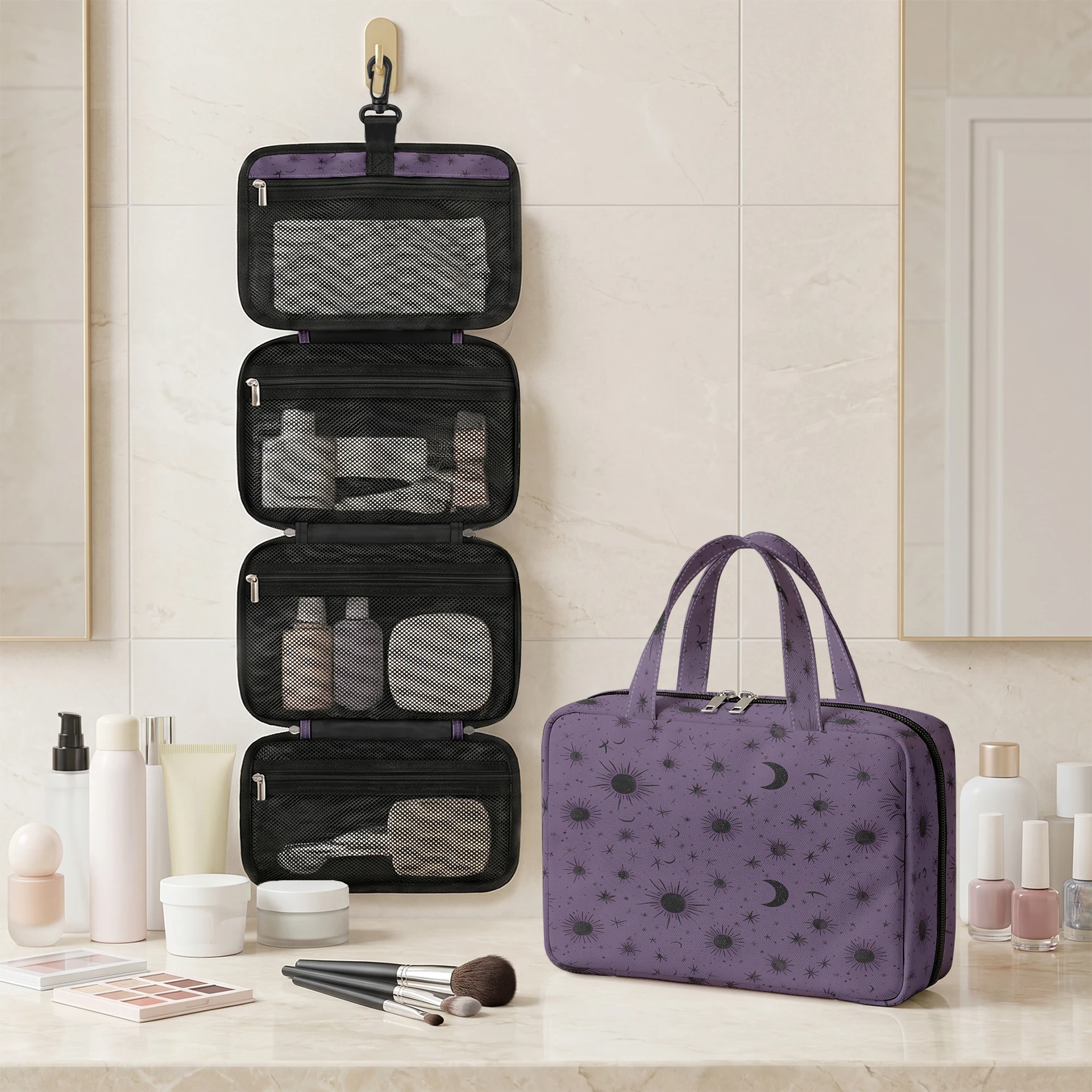 Sun Moon Star Print Hanging Cosmetic Bag Foldable Multi Pocket Toiletry Bag For Travel Daily Use