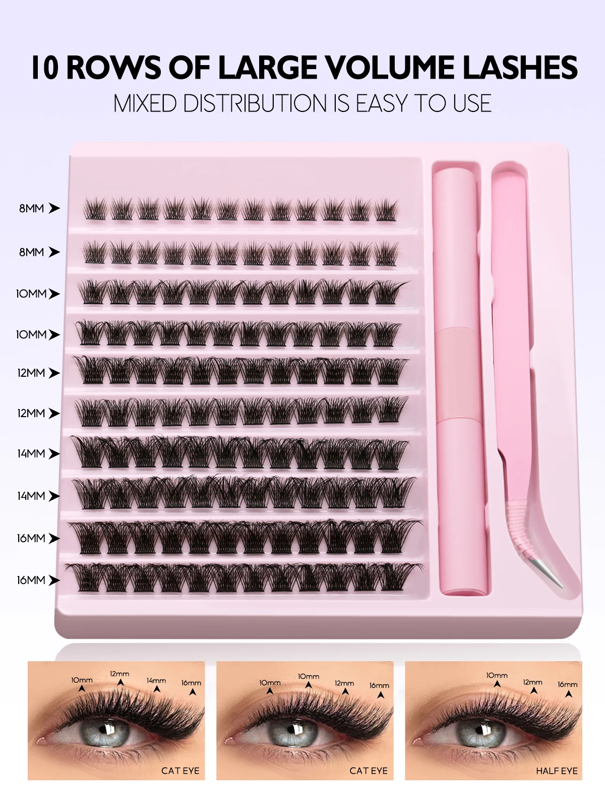 Wimperncluster-Set, flauschige Einzelwimpern, Cluster, Wimpernverlängerung, 10–18 mm, DIY-Wimpernverlängerungsset, Wimpernbindung und Siegel