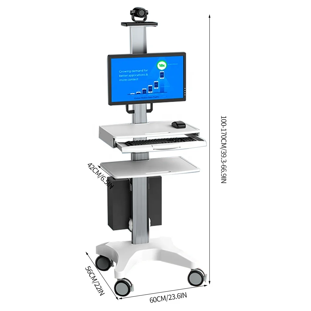 Hospital Mobile Workstation With Monitor Mount Keyboard Tray Medical Trolley Cart For Clinic Office Classroom