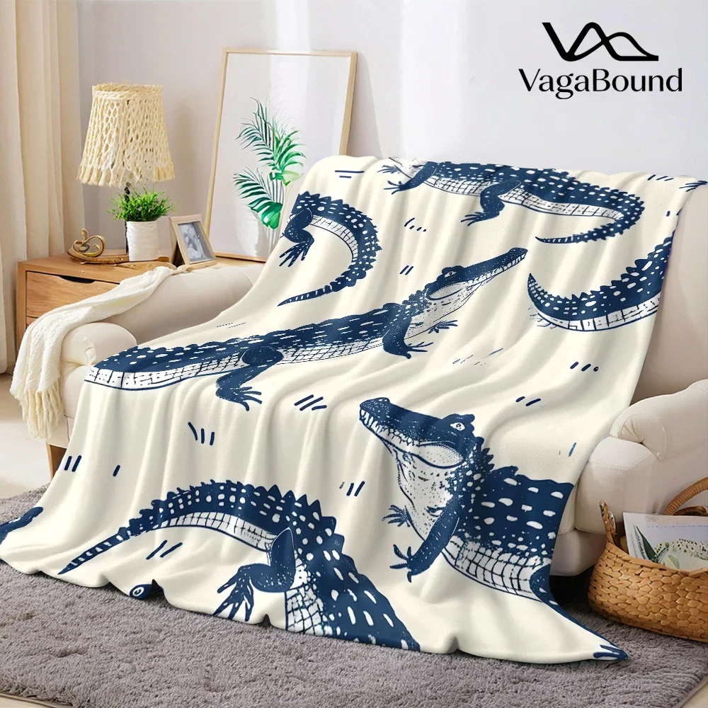 Cream Blue Crocodiles Super Soft Flannel Blanket Fuzzy Warm Throw Blanket for Bed Couch Cozy Plush Bed Cover All Season