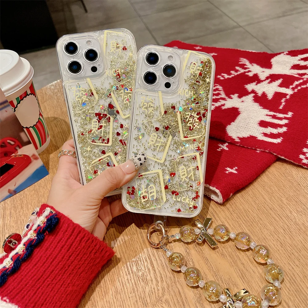 Nieuwjaar Cadeau Glitter Goud Drijfzand Hanger Case voor iPhone 16 15 14 13 12 11 Pro Max Plus Transparante Camera protector Cover