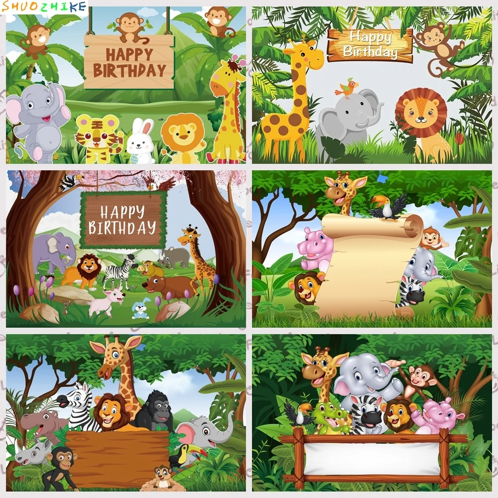 

Jungle Cartoon Wild Animal Baby Birthday Party Background for Photography Photocall Photographic Backdrops Photo Studio