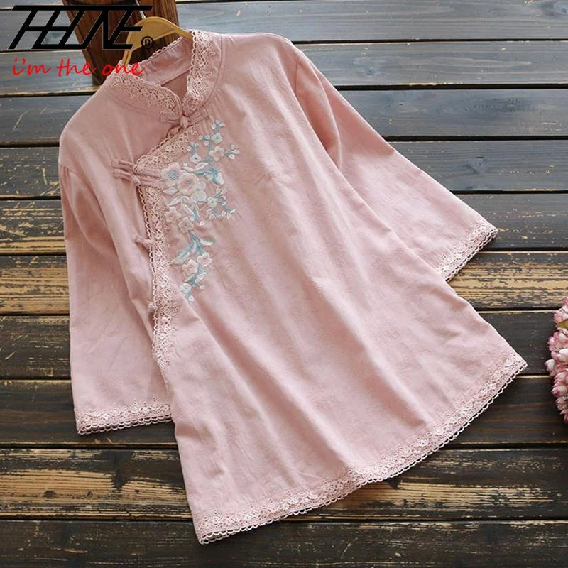 Blusa Mujer Camisas Vintage Cotton Linen Loose Summer Women\'s Clothing Shirts Blouse Embroidery Stand Collar Casual