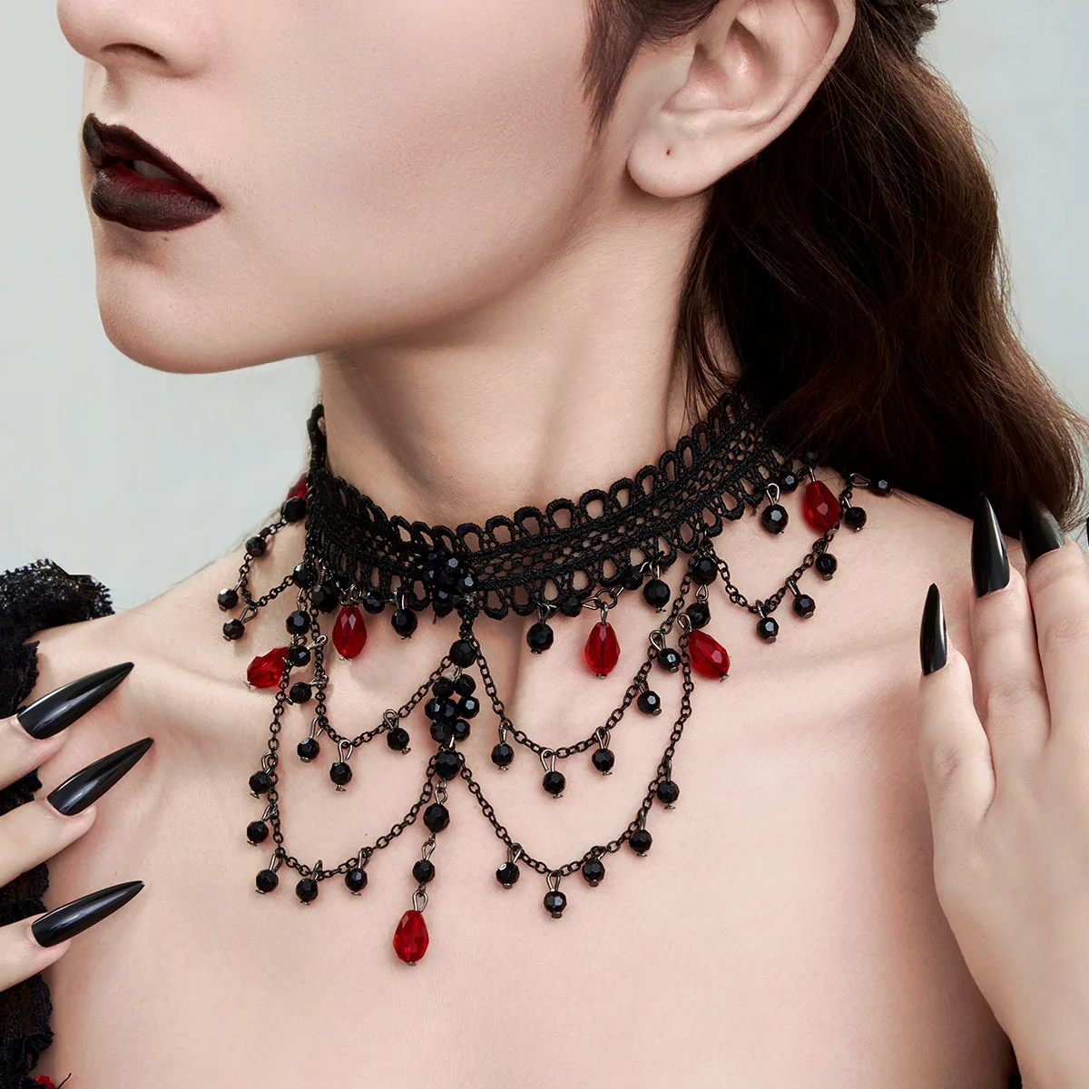 

DUTRIEUX New Gothic Multilayer Black Crystal Beads Chain Necklace Women Vintage Big Cross Pendant Choker Halloween Jewelry Gift
