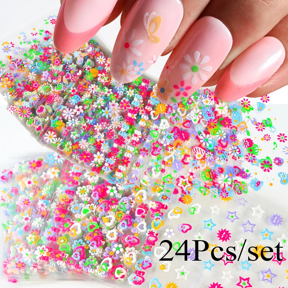 24Pcs/set 3D Colorful Glitter Flower Nail Stickers 1000Pcs++ Xmas Mini Flowers Decal Self-adhesivd Star/Butterfly Floret Slider