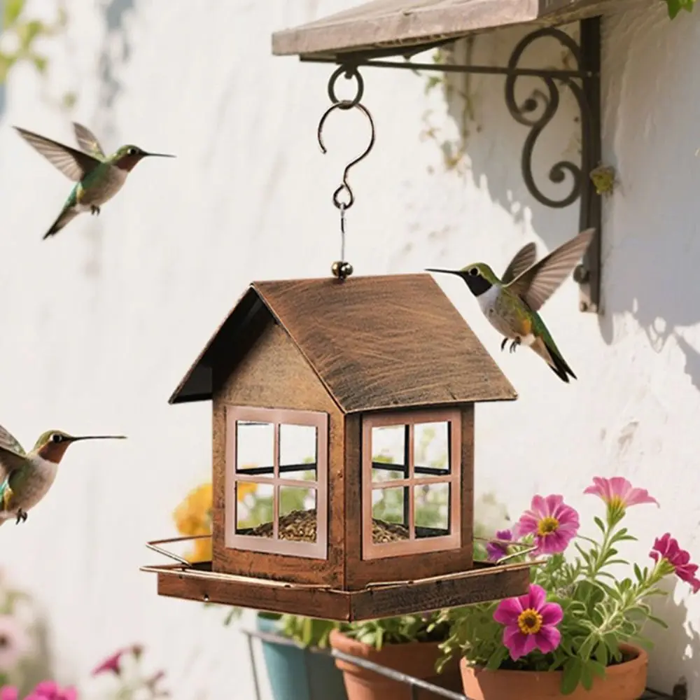 

Country Style Hanging Bird Feeder Large Capacity House Shape Bird Food Bowl Windproof Metal Bird Feeding Equipment Backyard