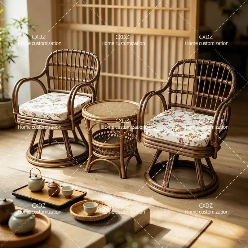 Japanese Rattan Single Sofa Chair Antique Handmade Rotatable Armchair for Bed and Breakfast Tea Room with Tea Table Three