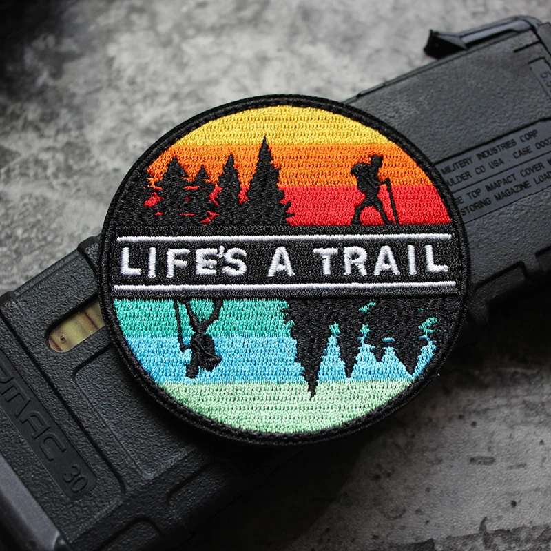 LIFE'S A TRAIL Embroidery Round Patches Landscape Outdoor Climbing Starry Sea Inverted Image Tactics Armband Badges DIY Decorate