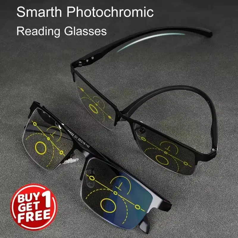 2 Stück halbrandige photochrome progressive multifokale Lesebrillen aus Metall, Unisex – farbwechselnde Brillen mit Blaulichtfilter
