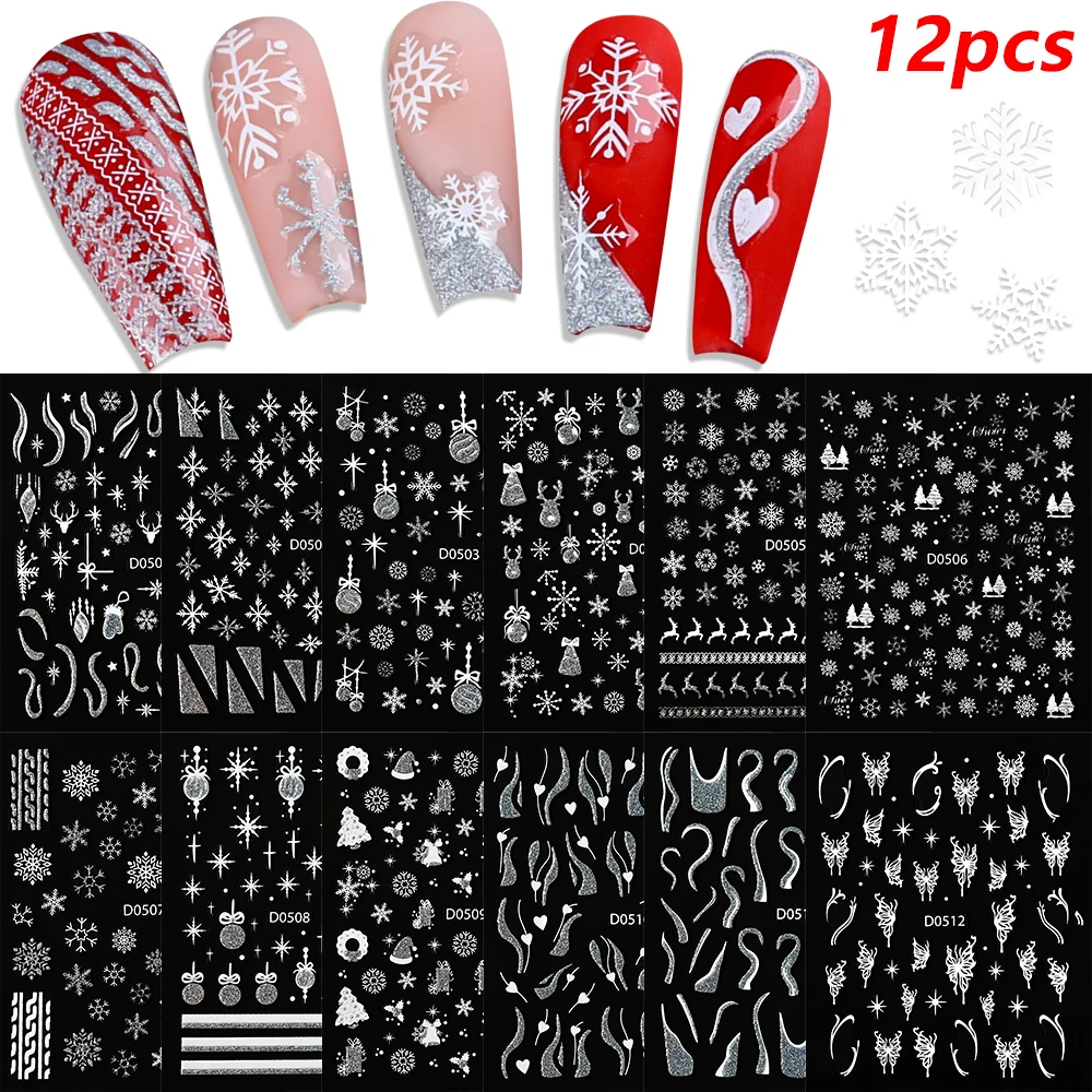 12 個 3D ホログラフィックレーザーグリッタークリスマスネイルステッカーゴールド/シルバー輝くスノーフレーク/エルク/ツリーネイルデカールグリッタークリスマススライダー
