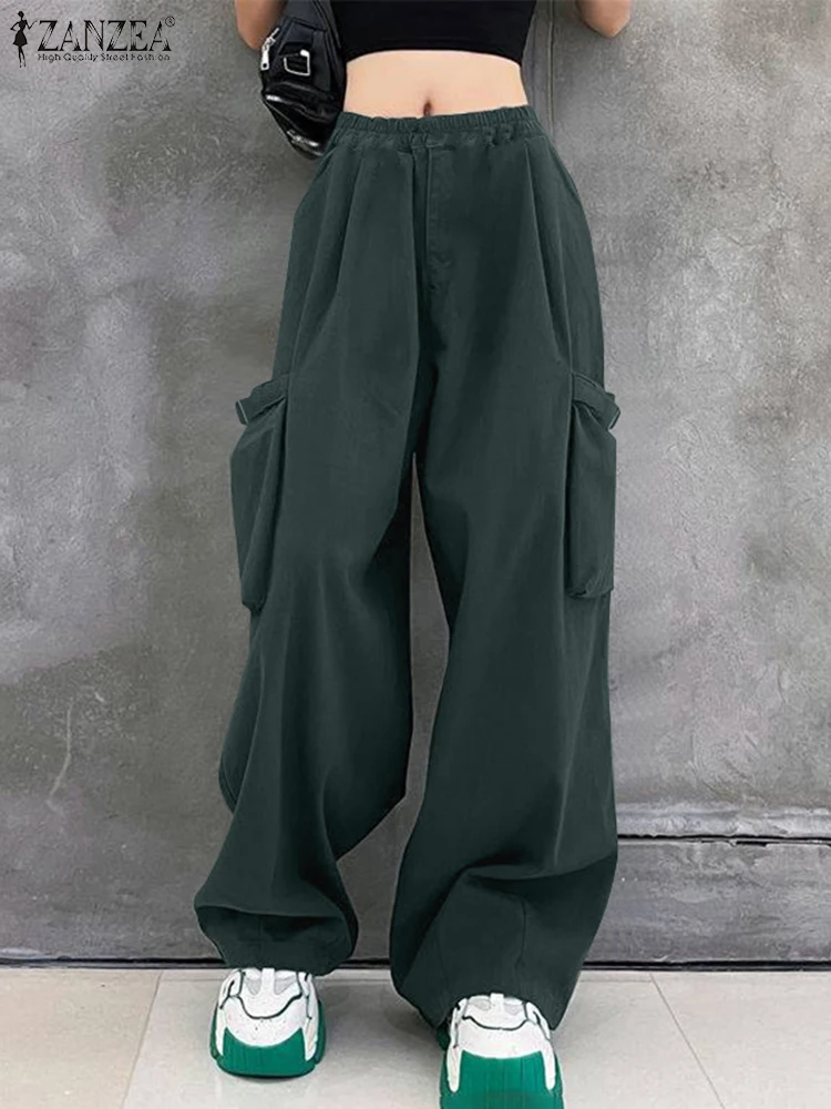 

Korean Fashion Solid Color Work Trouser ZANZEA Women Cargo Pants Holiday Wide Leg Long Pantalons Casual Elastic Waist Bottoms