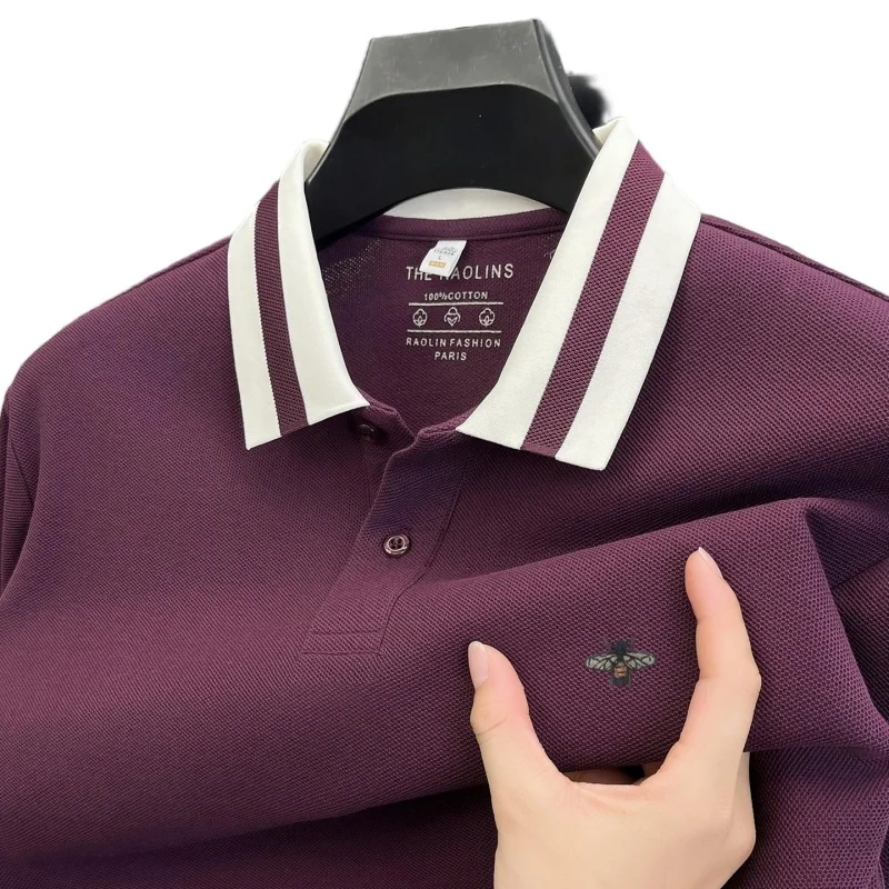 100%cotton Men's Autumn Long-sleeved Polo shirt High quality Collar Embroidery Little bees T-shirt Casual Fashion Men's Clothing