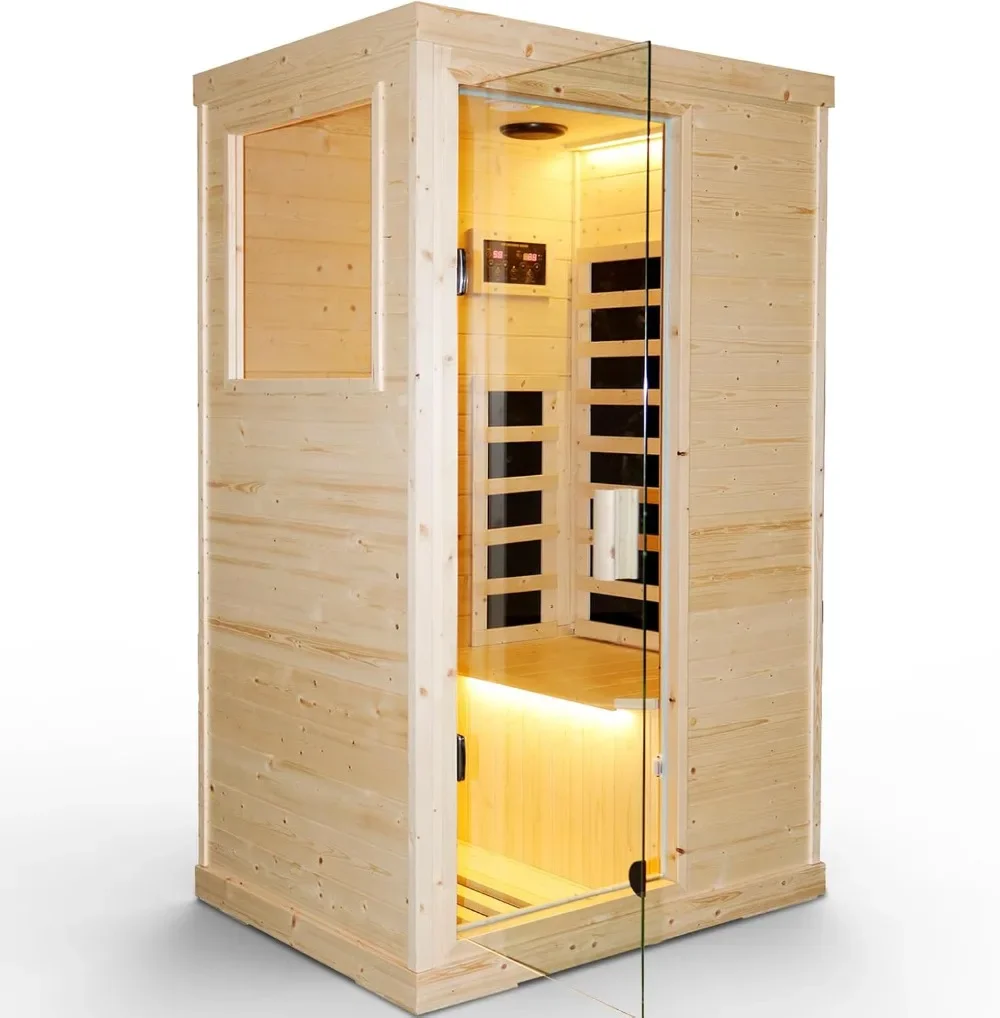 Indoor Infrared Sauna Room Dry Saunas for Home 900W Low-EMF Spruce Wood 1 Person Spa Sauna with Speakers, Reading Lighting