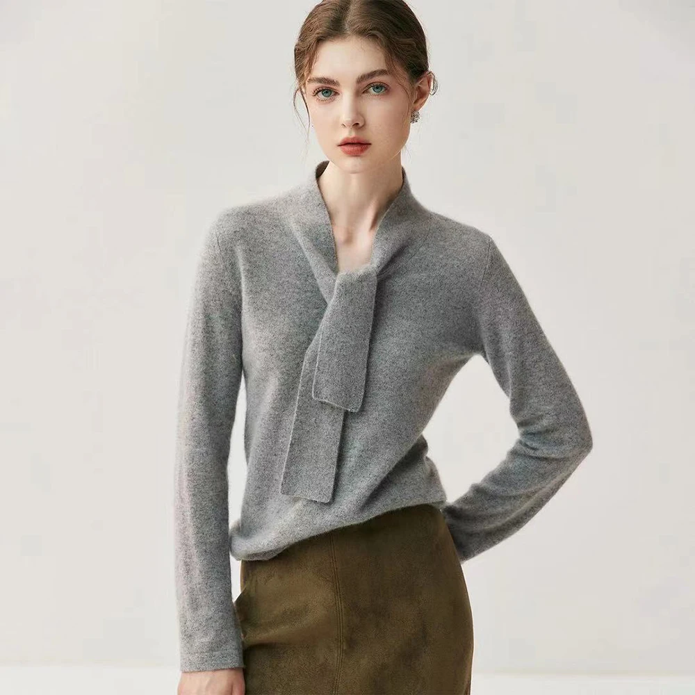 

Luxyonuo Women's Cashmere Sweather Spring New Arrival Office Lady Elegant Ribbon Collar Design Pullover Autumn Fashion Knitwear