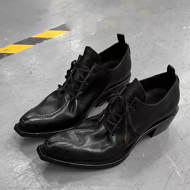 

Women's Wrinkled Full Grain Leather Lace Up Block Heel Pointed Toe Oxford Shoes Vintage Gothic Daily Formal Casual Footwear Drop