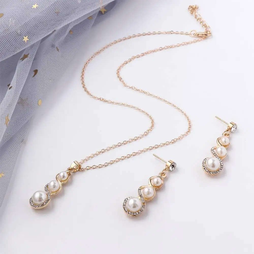 

Quality Simulated Pearls Gifts For Women Angel Teardrop Cubic Zirconia Rhinestone Jewelry Set Pendant Dangle Earrings Necklace