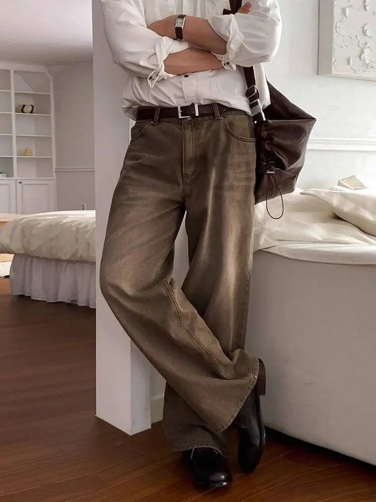 

SYUHGFA простые мужские потертые джинсовые брюки, новые однотонные винтажные свободные прямые широкие брюки, мужские джинсы, осень 2023 г.