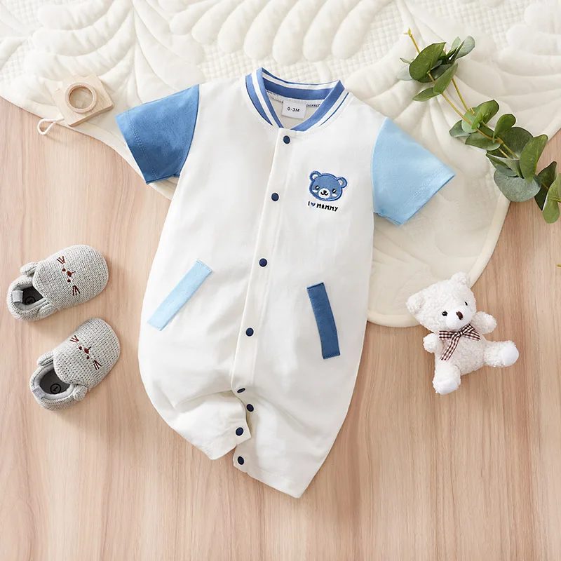 Newborn Baby Clothes Animal-Blue bear pattern Cotton Short Sleeve fashion One-piece Pajamas Bodysuit Summer baseball Romper