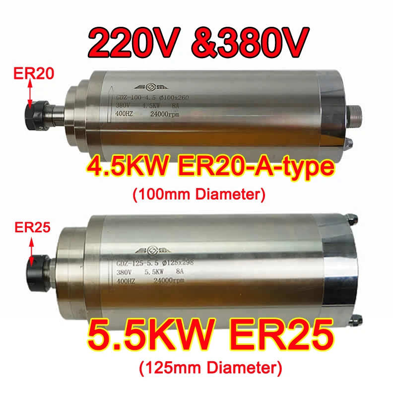 

5.5KW ER25 Collect CNC Spindle Motor Water Cooled 4.5KW ER20 for Engraving Machine Wood Router Milling Tool 100/125mm Diameter