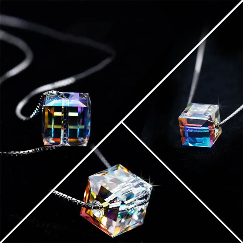 Geometric Square Colorful  Zircon Crystal Necklaces For Women Korean Fashion Sexy Female Clavicle Chain Pendant Necklace Jewelry