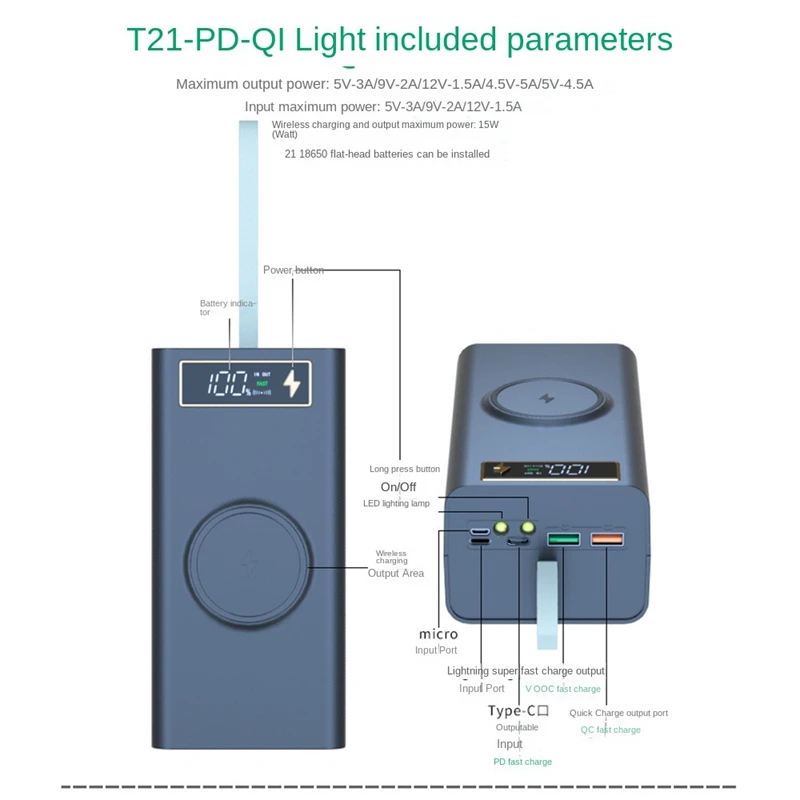 21X18650 Battery Storage Box LED Light PD Quick QC3.0 Charge 18650 Battery Power Bank Case Shell 15W Wireless Charging