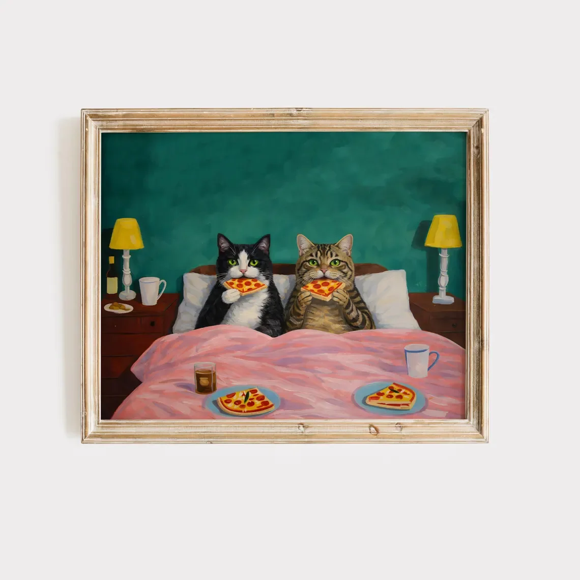 Cozy Pizza Night Cats Wall Art - Whimsical Print Celebrating Feline Comfort Food. The Rich Teal Backdrop and Soft Pink Bedding C image 4