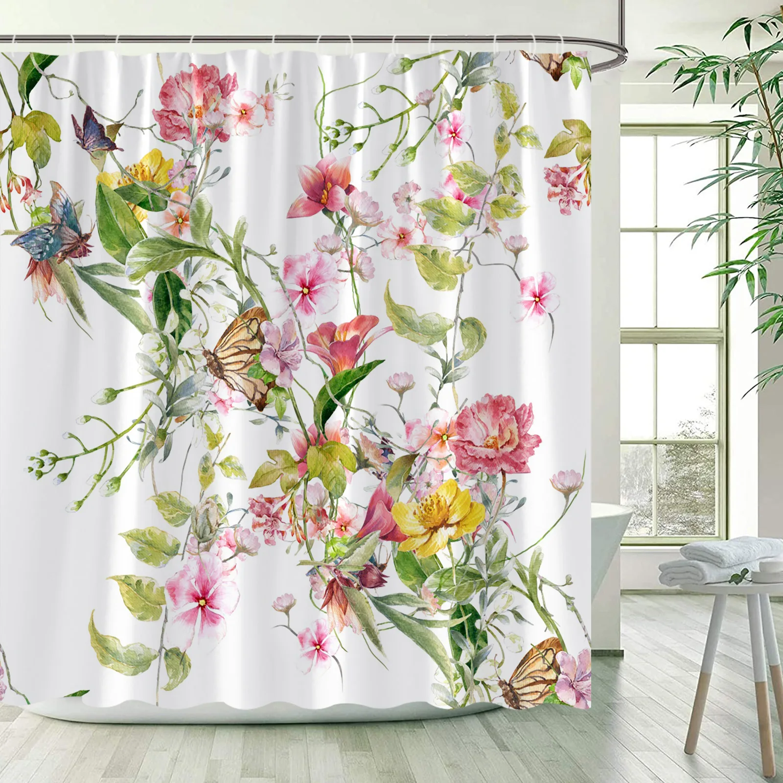 Butterfly Floral Shower Curtain Rustic Flowers Plant Watercolour Art Modern Minimalist Fabric Bathroom Decor Curtains with Hooks