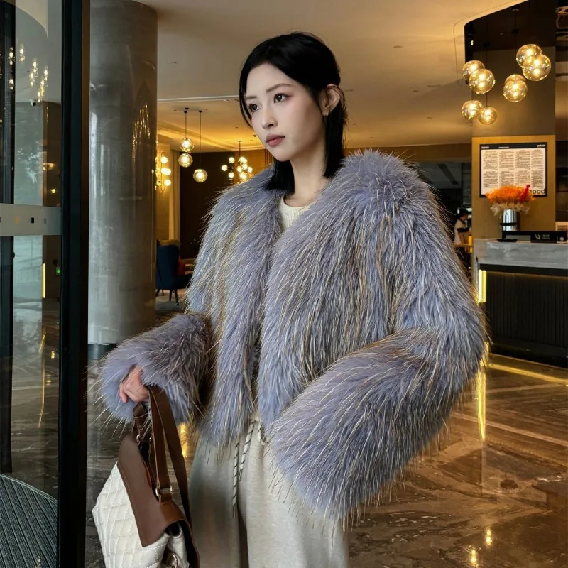 New High-end Environmentally Friendly Raccoon Fur Jacket Women's Short Young Fashion 2026 Long Hair Autumn and Winter Thickened