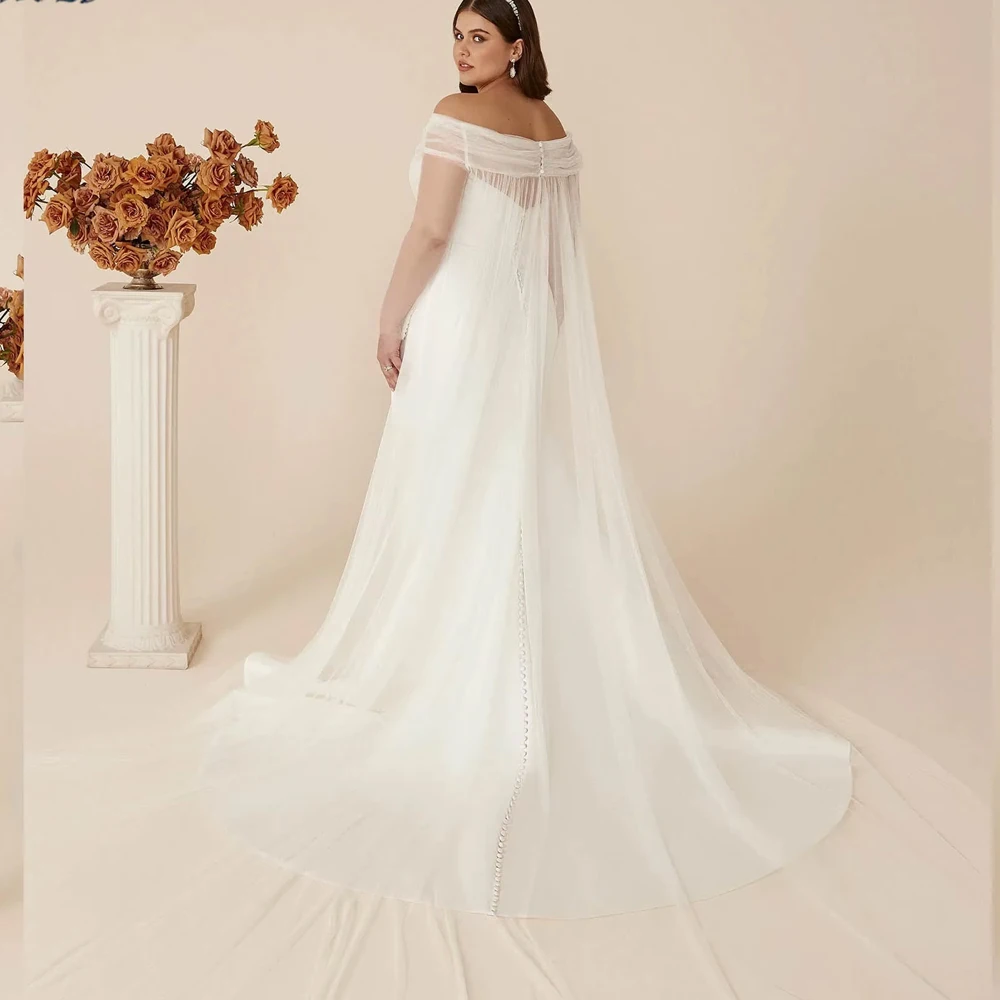 Customized Plus Size Satin Mermaid Fit With Tulle Cape Simple Wedding Dress Sleeveless Strapless Vestido Bridal Gown