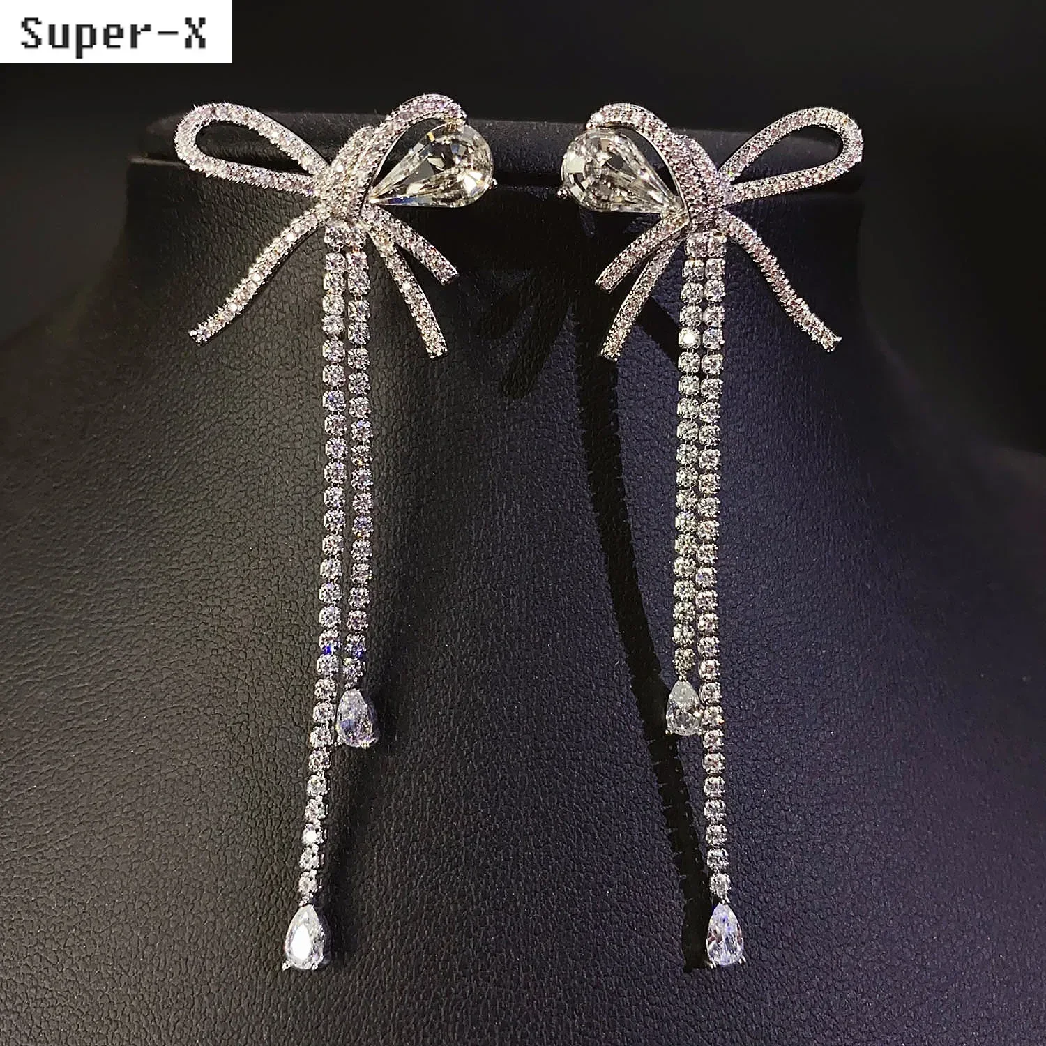 

Cute Bowknot Earrings White Zircon Long Tassel Chain Earrings Women Girl Dinner Party Jewelry Gift