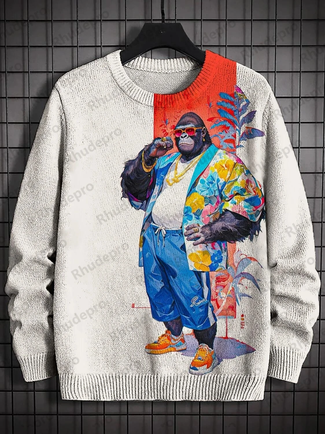 2027 Men's Japanese Art Painting Tiger Panther Print Knit Sweatshirt Pullover Sweater Women For Men Sweater