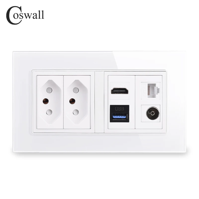 Coswall Glass Panel Wall Brasil Universal Outlet With Type-A & Type-C USB Charging Port HDMI Port Female TV CAT6 Internet Jack