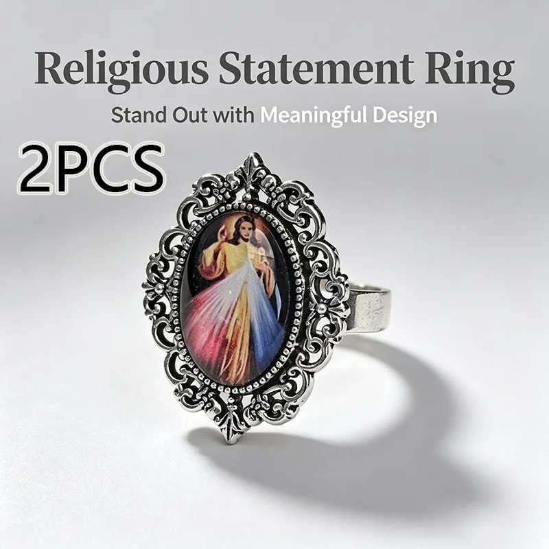 2Pcs Vintage Ornate Divine Mercy Image Religious Statement Ring Adjustable Open Band Catholic Faith Prayer Jewelry Gift for Men