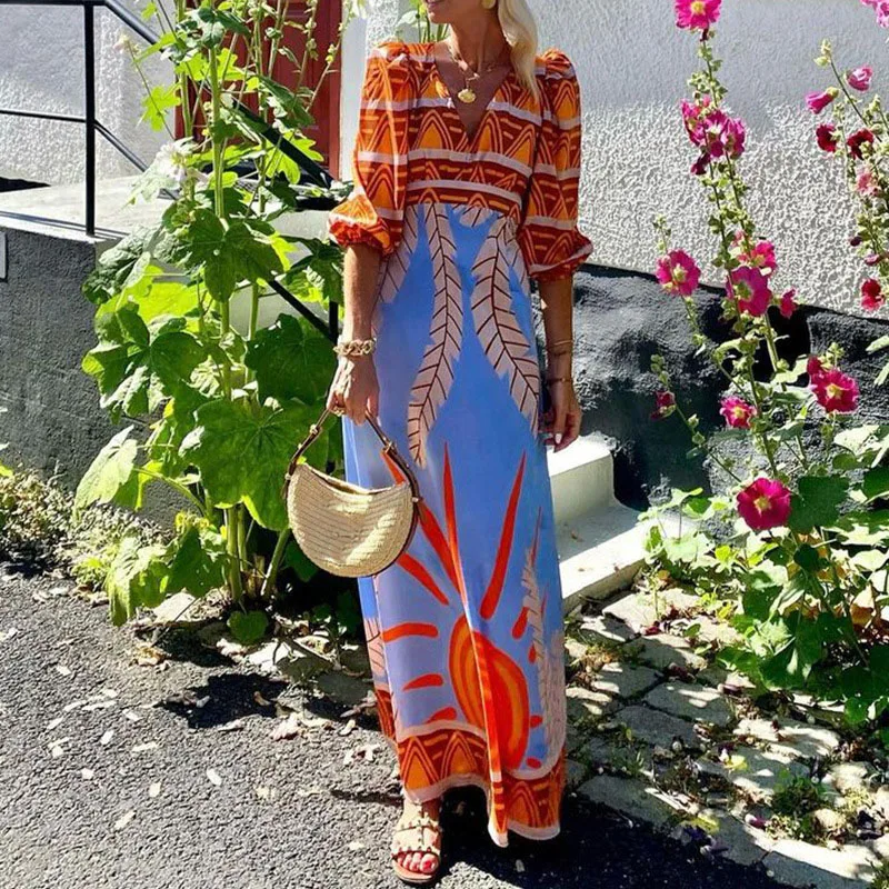 Women Fashion Pattern Print Pleated Maxi Dress New Summer Bohemian Long Sleeve Dress Elegant V Neck High Waisted Holiday Dress